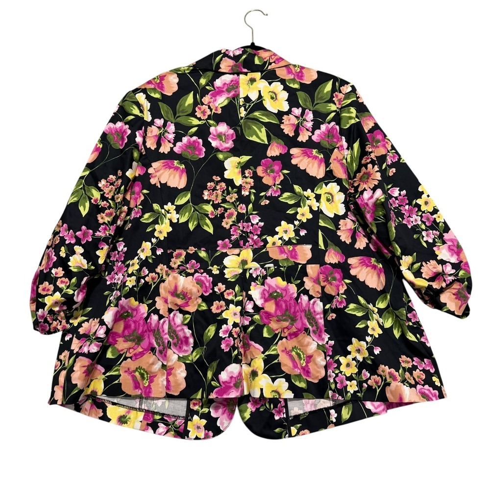 Avenue Floral Blazer Women Plus 26 Black Pink Yellow Cotton Stretch Ruched Sleev - Picture 2 of 11